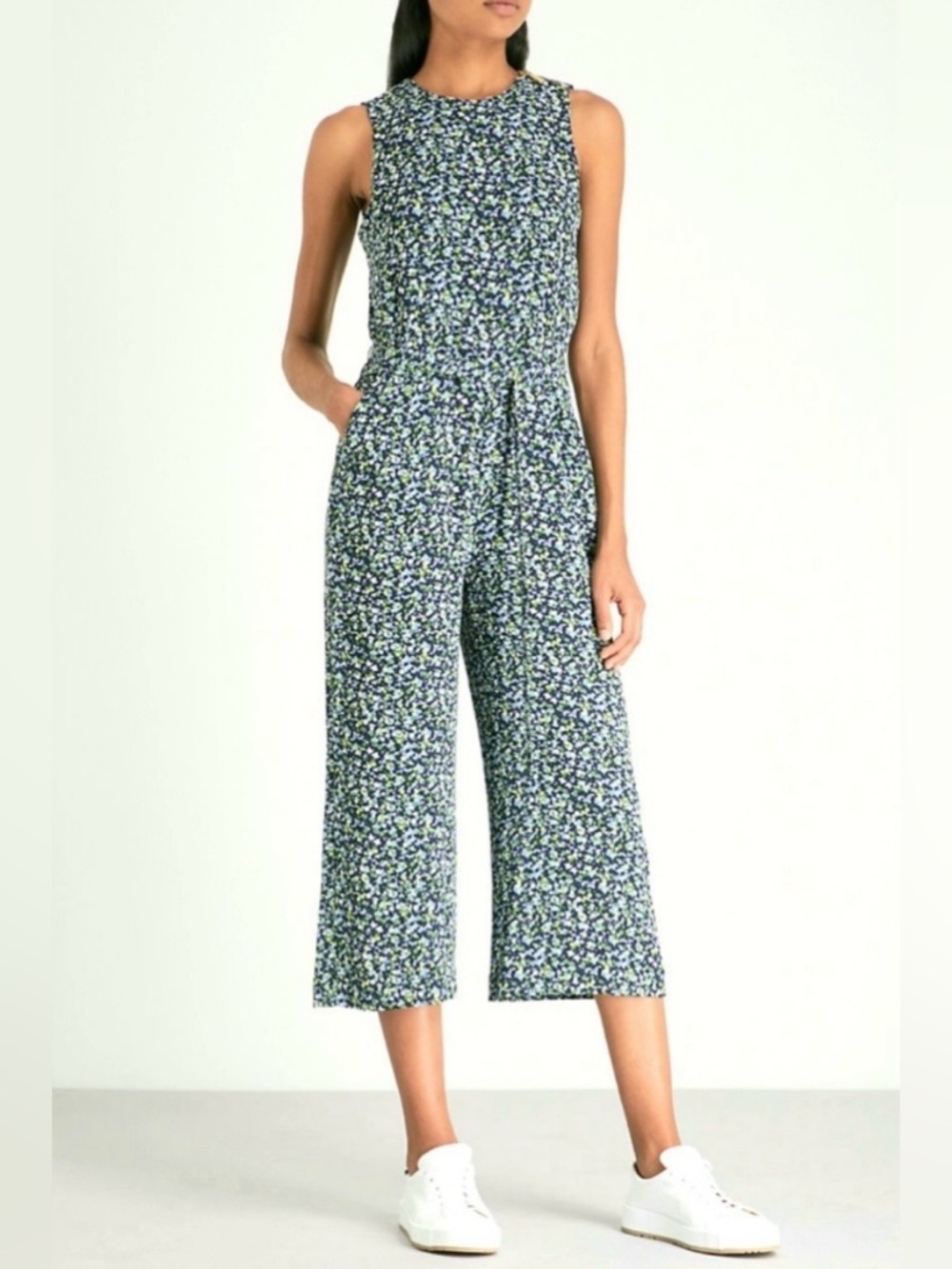 Michael Kors Wildflower Floral Jumpsuit Size 4 Wide Leg Belted Navy Green